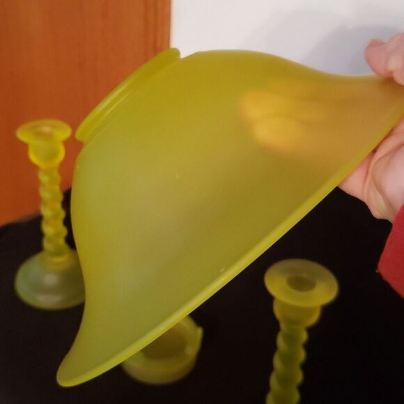 Antique Vtg Tiffin Vaseline "Uranium Glass" Bowl and Candlesticks, circa 1920s - Picture 6 of 12